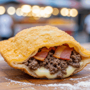 pastel de carne moída, queijo e bacon